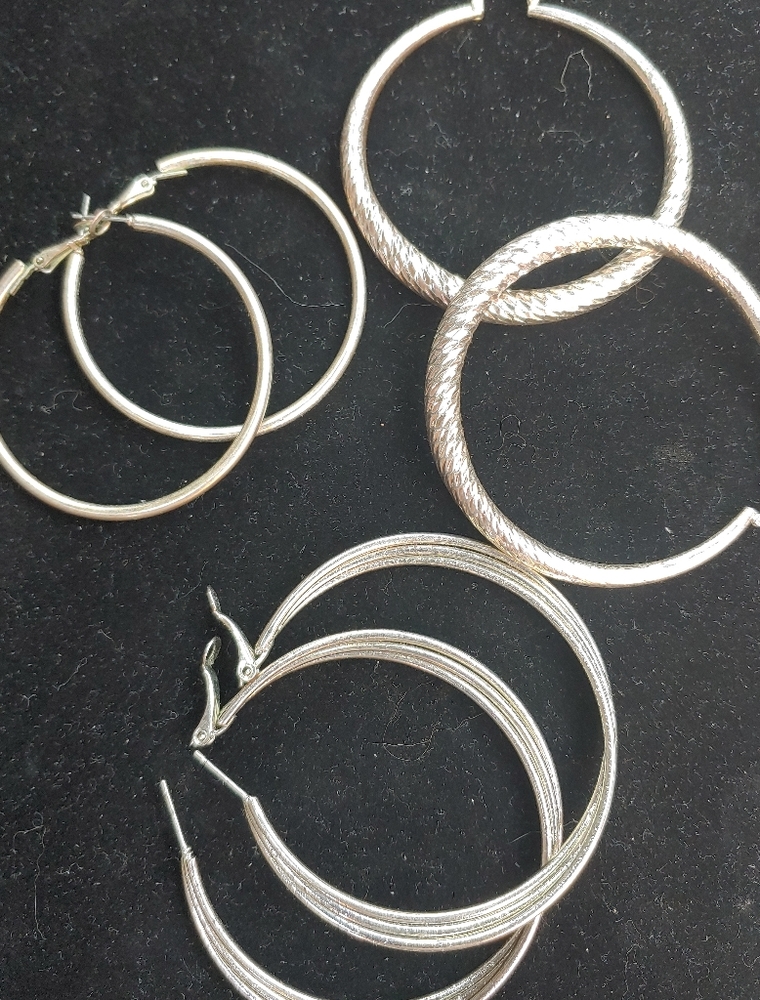 3 Pairs Silvertone Hoop Earrings